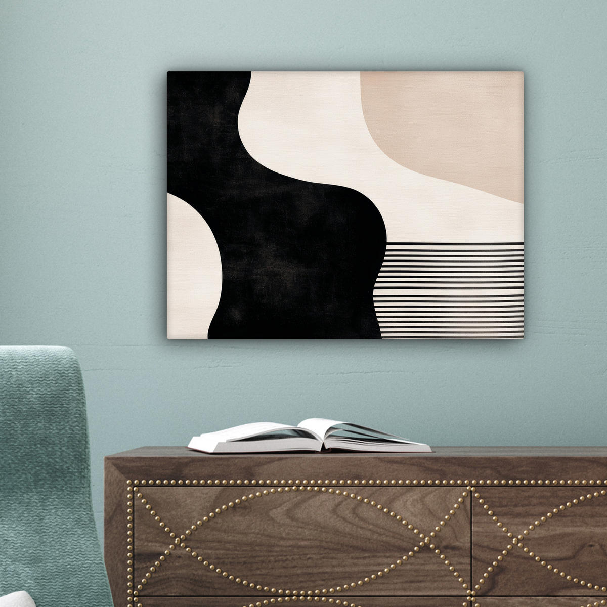 LEINWANDBILD Abstrakt - Japandi - Beige - Modern 40x30 cm - Schwarz, Textil (40/30cm) - MuchoWow