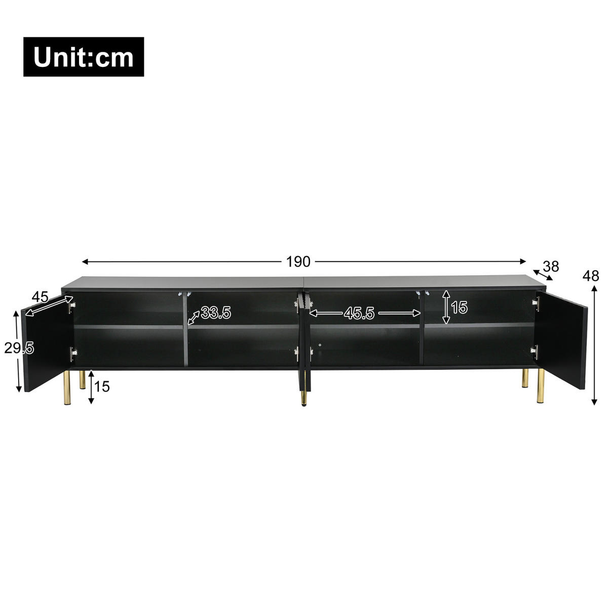 TV Lowboard 190x38x48 cm, goldene Füße, Rillenfront, Schwarz - Schwarz, Holz (190/48/38cm)