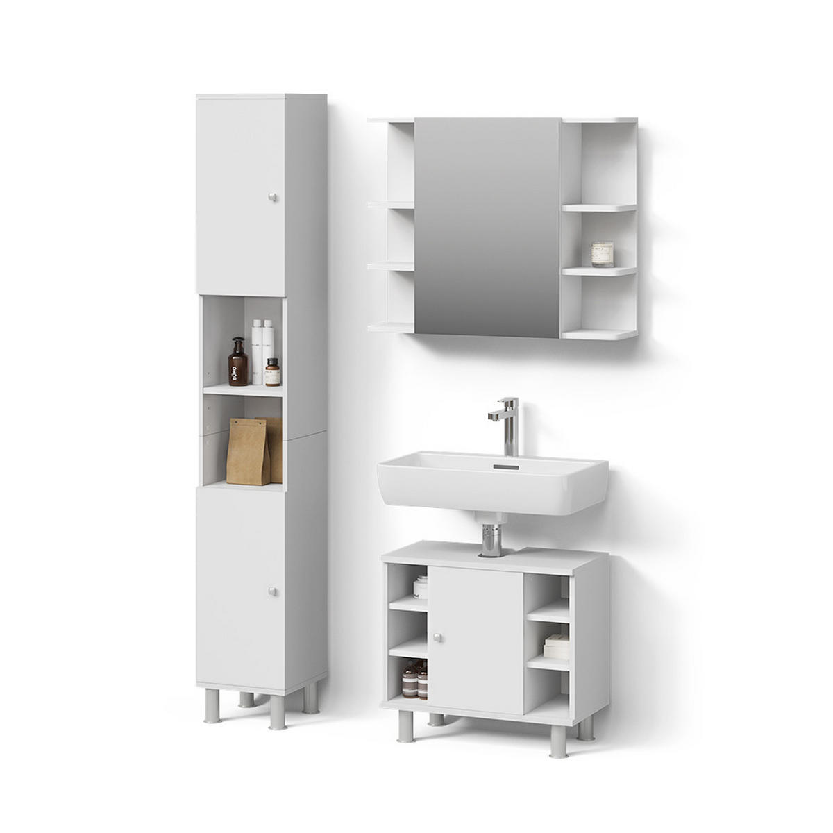 BADMÖBEL-SET Fucino Weiß 3 Teile, mit Hochschrank - Weiß, Holzwerkstoff (60/54/32cm) - Livinity®