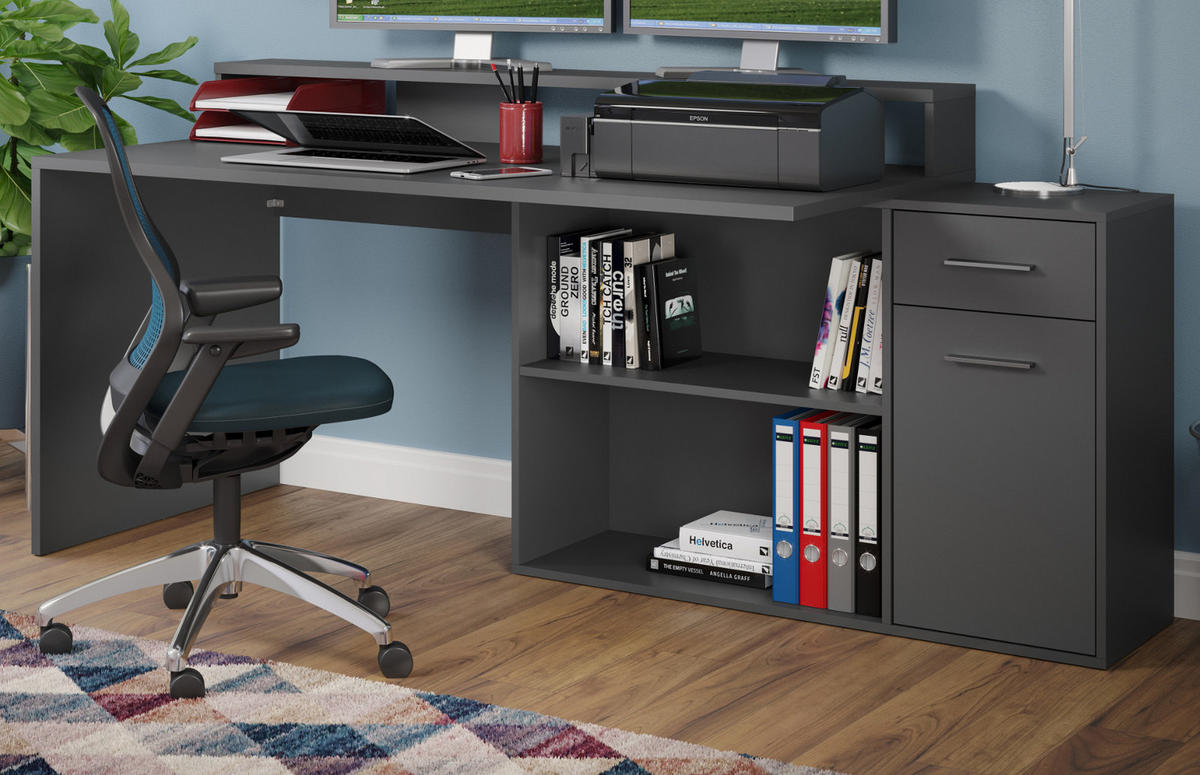 SCHREIBTISCH dunkelgrau / anthrazit 160 - 200 x 92 cm, Eckschreibtisch mit Stauraum - Dunkelgrau/Anthrazit, Holzwerkstoff/Kunststoff (115/160/92cm) - Top.Furn