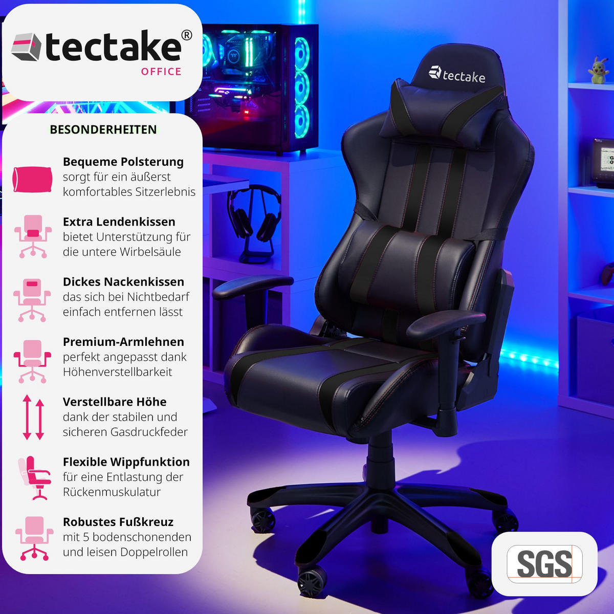 RACING GAMING STUHL ,Belastbarkeit 120 kg,schwarz - Schwarz, Leder (70/135.5/75cm) - tectake
