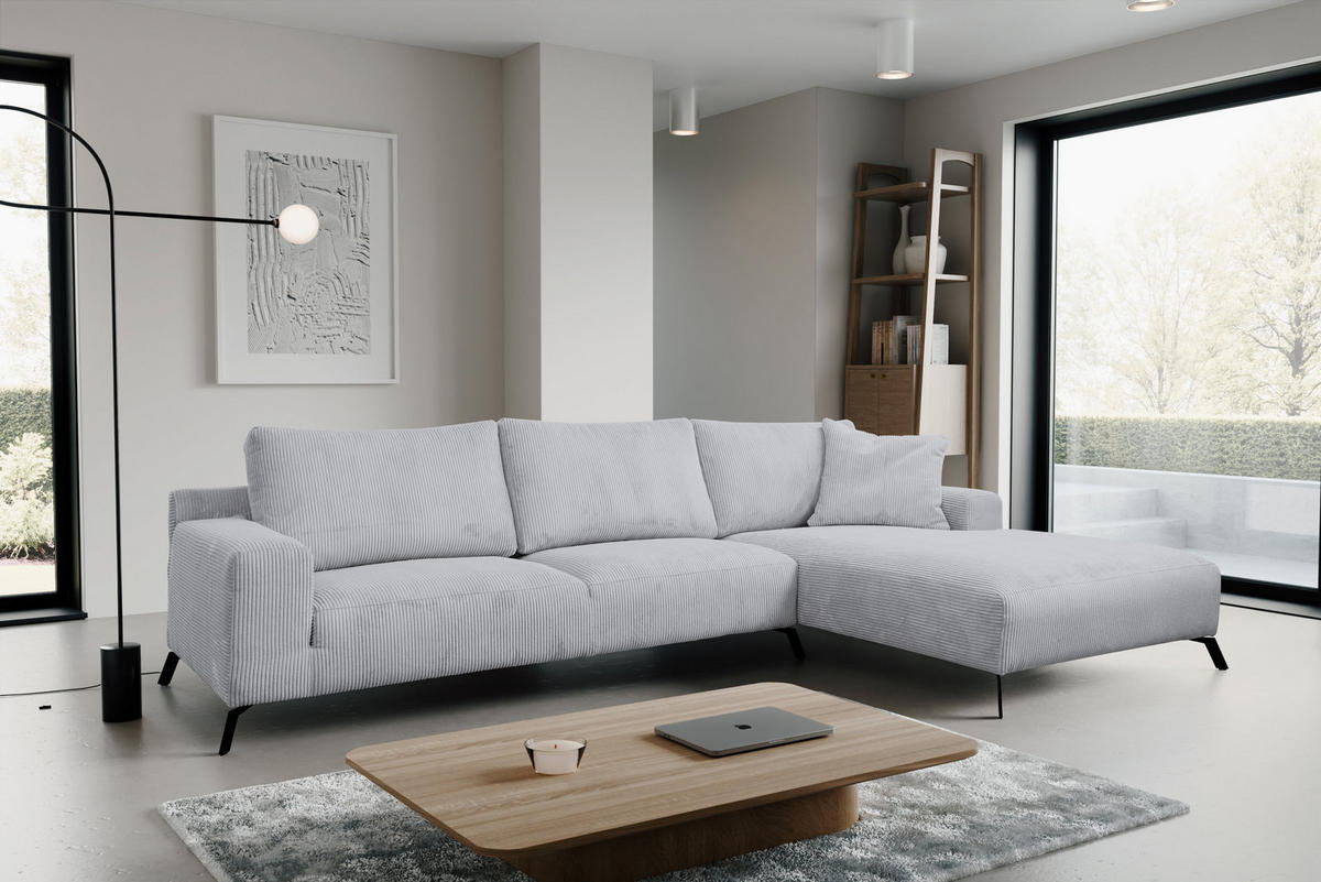 ECKSOFA Aspen in L-Form, Coach Farbe: Hellgrau, Cordstoff, Ottomane Rechts - Hellgrau, Textil (312/187cm) - VENASI MÖBEL