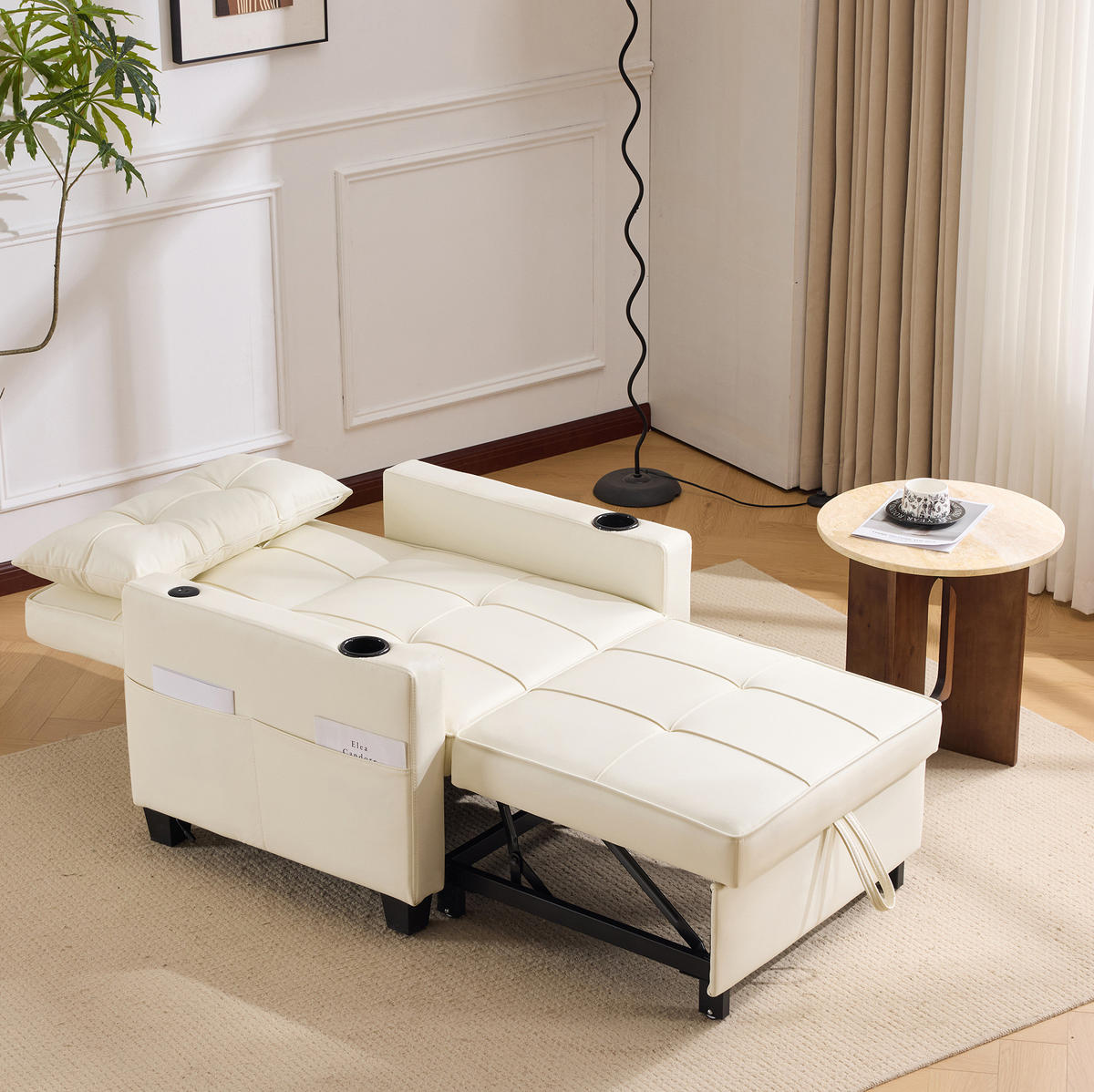 SCHLAFSESSEL aus Holz und Metall Weiß mit 3-in-1-Funktion, verstellbarer Rückenlehne, USB-Anschluss und Getränkehaltern - Weiß, Holz (87/84/74cm) - Modfu