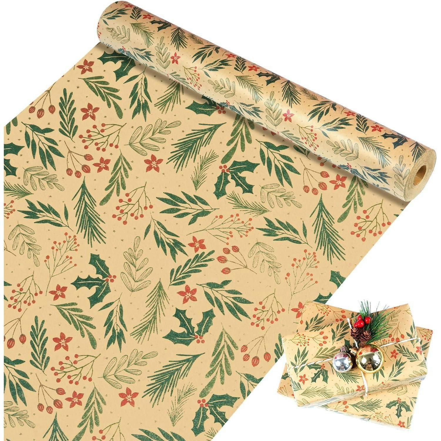 GESCHENKPAPIER Rolle 43 cm x 15 m Braun Grün Rot Tannenzweigmuster - Multicolor, Papier (43/1/1500cm)