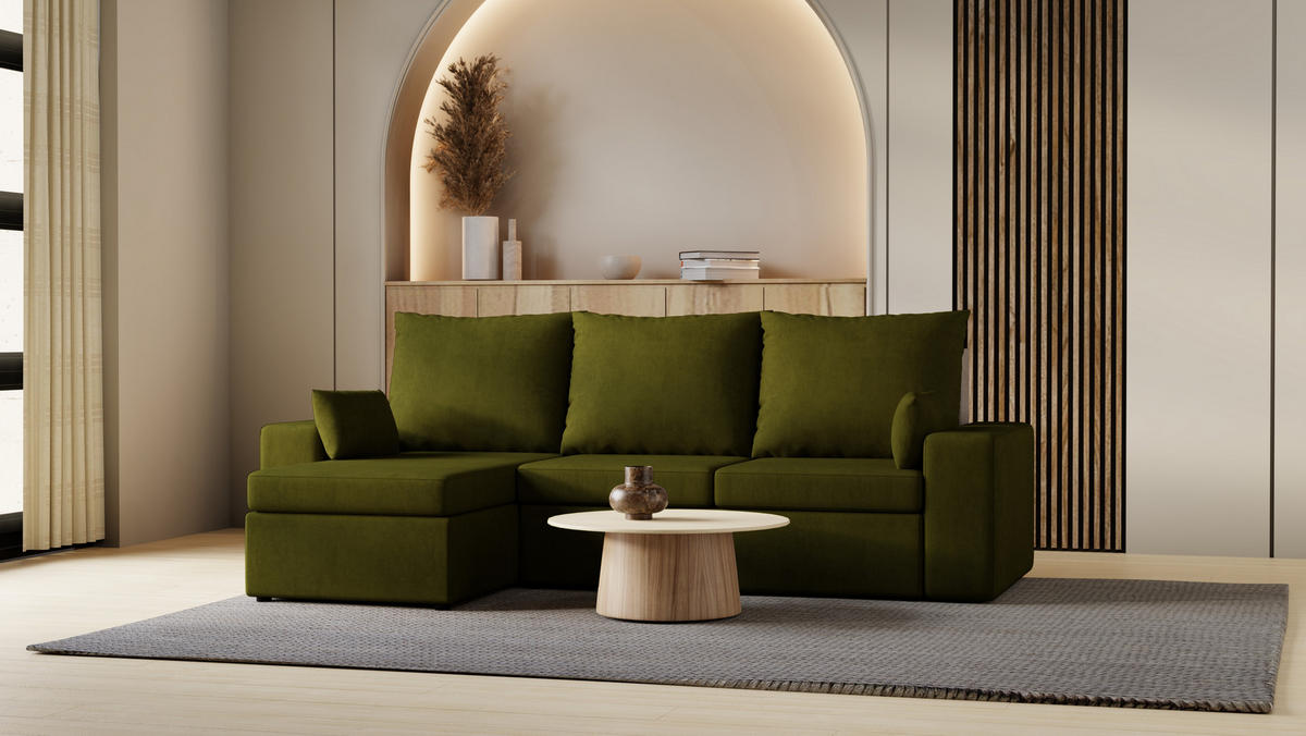 ECKSOFA Paco mit Bettkasten und Schlaffunktion, L-Form/XL-Form, Velourstoff, Universal - Olivgrün, Holzwerkstoff (246/145cm) - 4ALL HOME