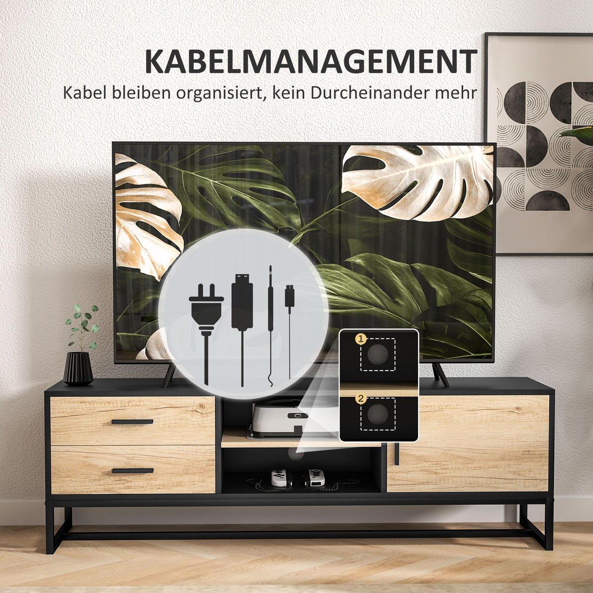 TV Schrank TV Board mit Schrankfach, Schubladen, 2 offenen Fächern Schwarz - Schwarz, Holzwerkstoff (35/45/140cm) - HOMCOM