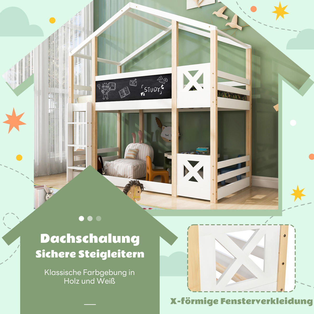 ETAGENBETT aus Massivholz 90x200 cm in Weiß mit Tafel & Leiter - Weiß, Holz (90/200cm) - Modfu