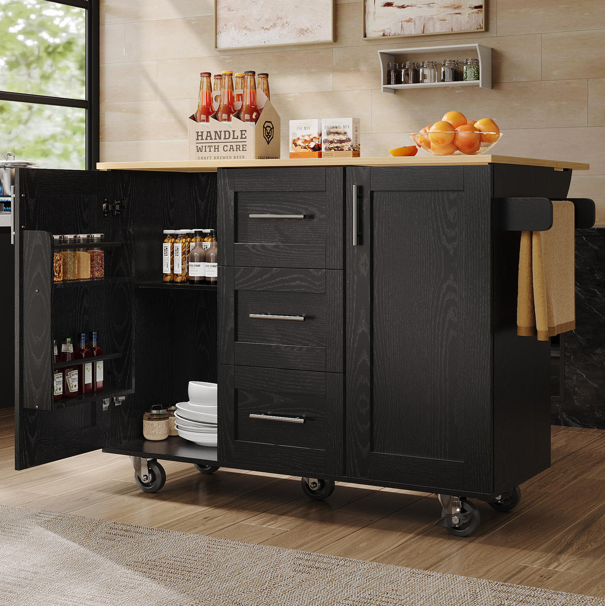 KÜCHENWAGEN 135x74x87.2cm Schwarz mit Klappseiten, 3 Schubladen, Snackregal & 5 Rollen - Schwarz, Holzwerkstoff (135/87.2/74cm) - Modfu