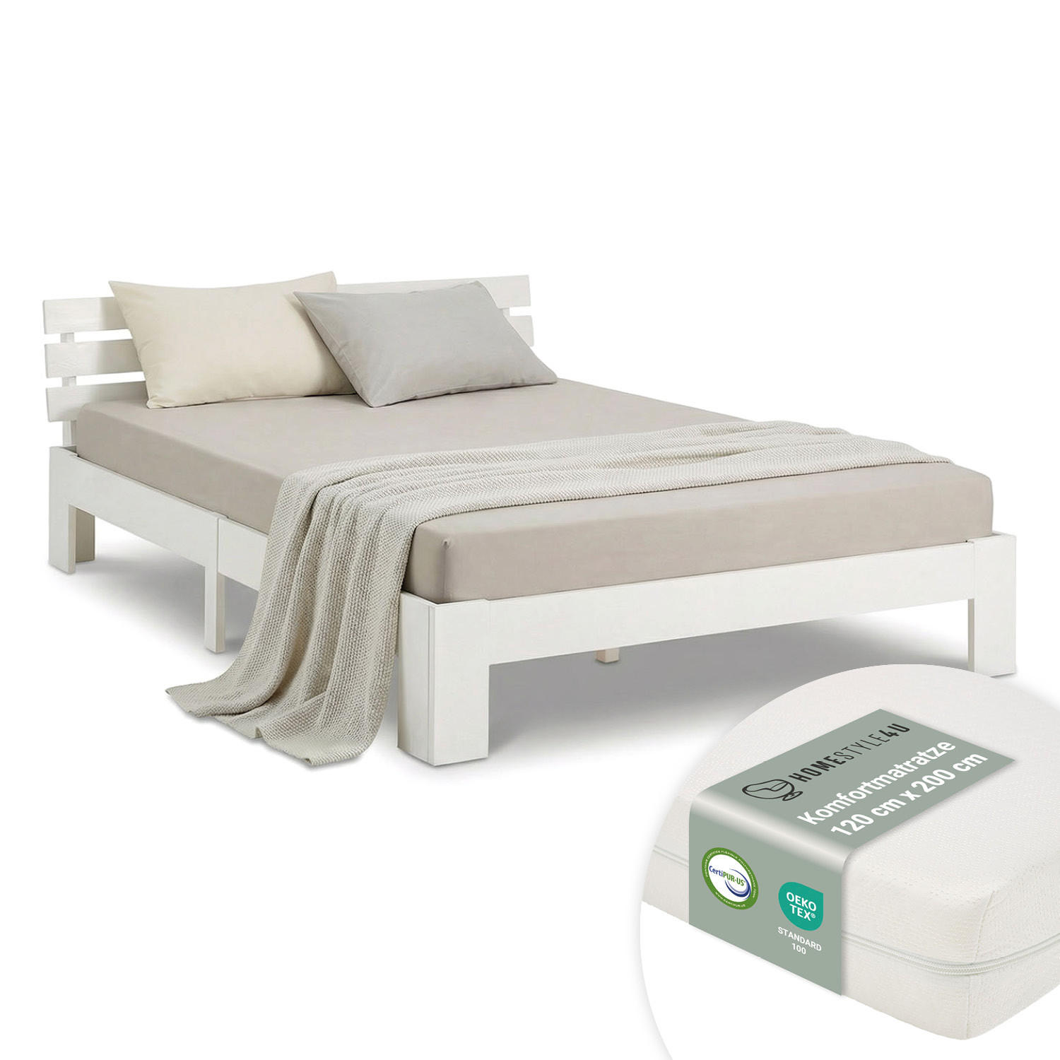 HOLZBETT mit Matratze 120/200 cm weiß - Weiß, Holz (120/200cm) - Homestyle4u
