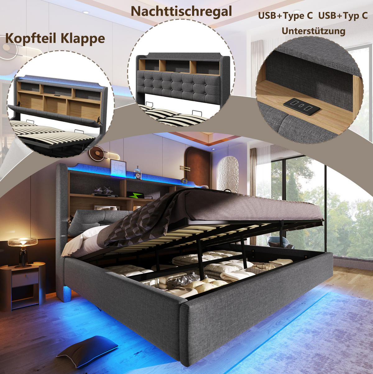 POLSTERBETT 180x200 cm in Grau mit LED-Beleuchtung, hydraulischem Stauraum und USB-Anschlüssen - Grau, Textil (180/200cm) - IVMEU