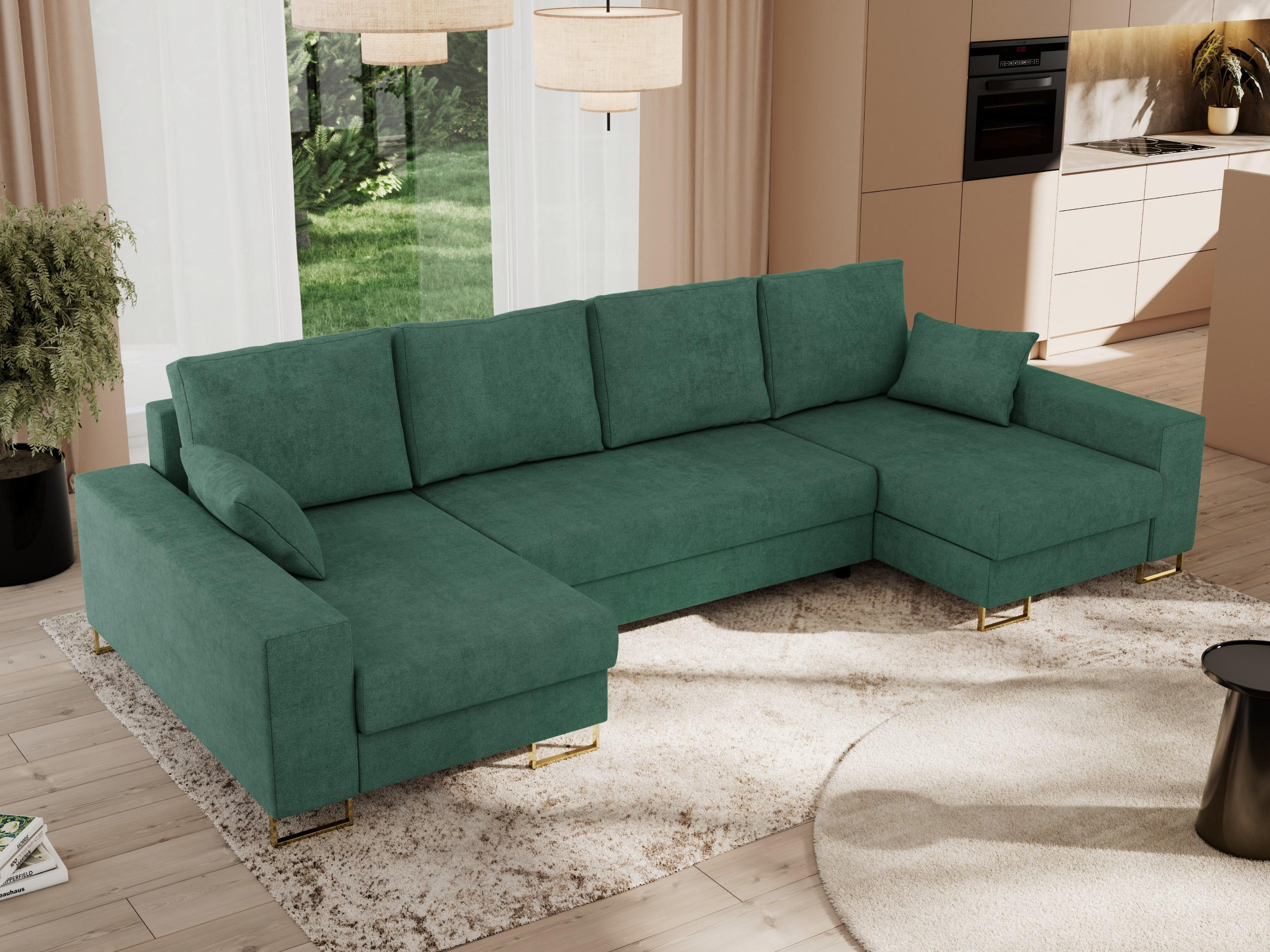 WOHNLANDSCHAFT DORIAN U Struktur Grün - Goldfarben/Grün, Textil/Metall (312/95/138cm) - MKS