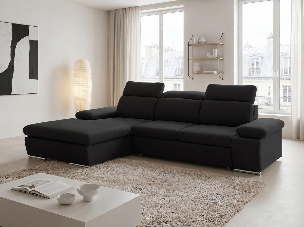 ECKSOFA PABLO mit Schlaffunktion und Bettkasten Schwarz - Schwarz, Holzwerkstoff/Kunststoff (250/90cm) - Idohome