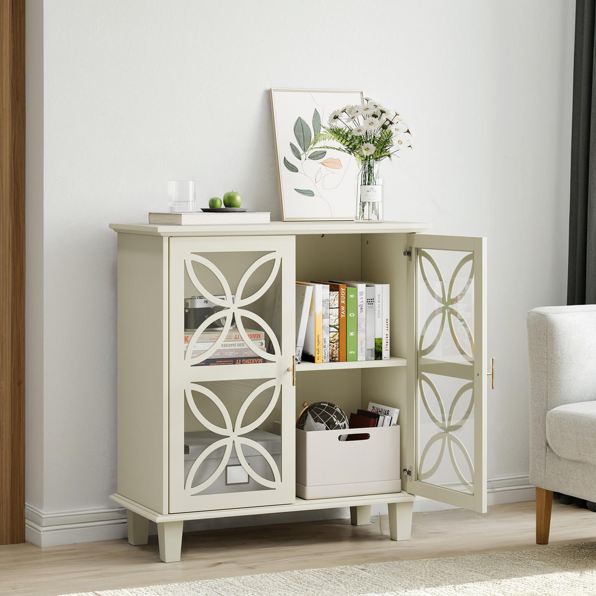 SIDEBOARD 80/38/87 cm creme aus MDF und Holzwerkstoff mit Hartglastüren - Creme, Holzwerkstoff (80/87/38cm) - OKWISH