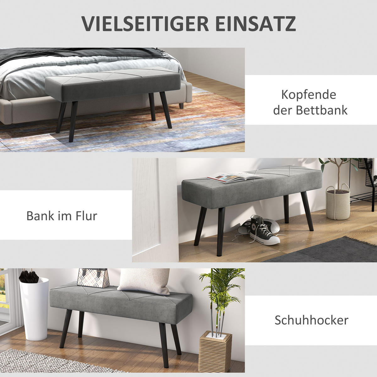 BETTBANK mit X-Muster, in Samtoptik, bis 120 kg Belastbar, Grau - Grau, Kunststoff (36/45/100cm) - HOMCOM