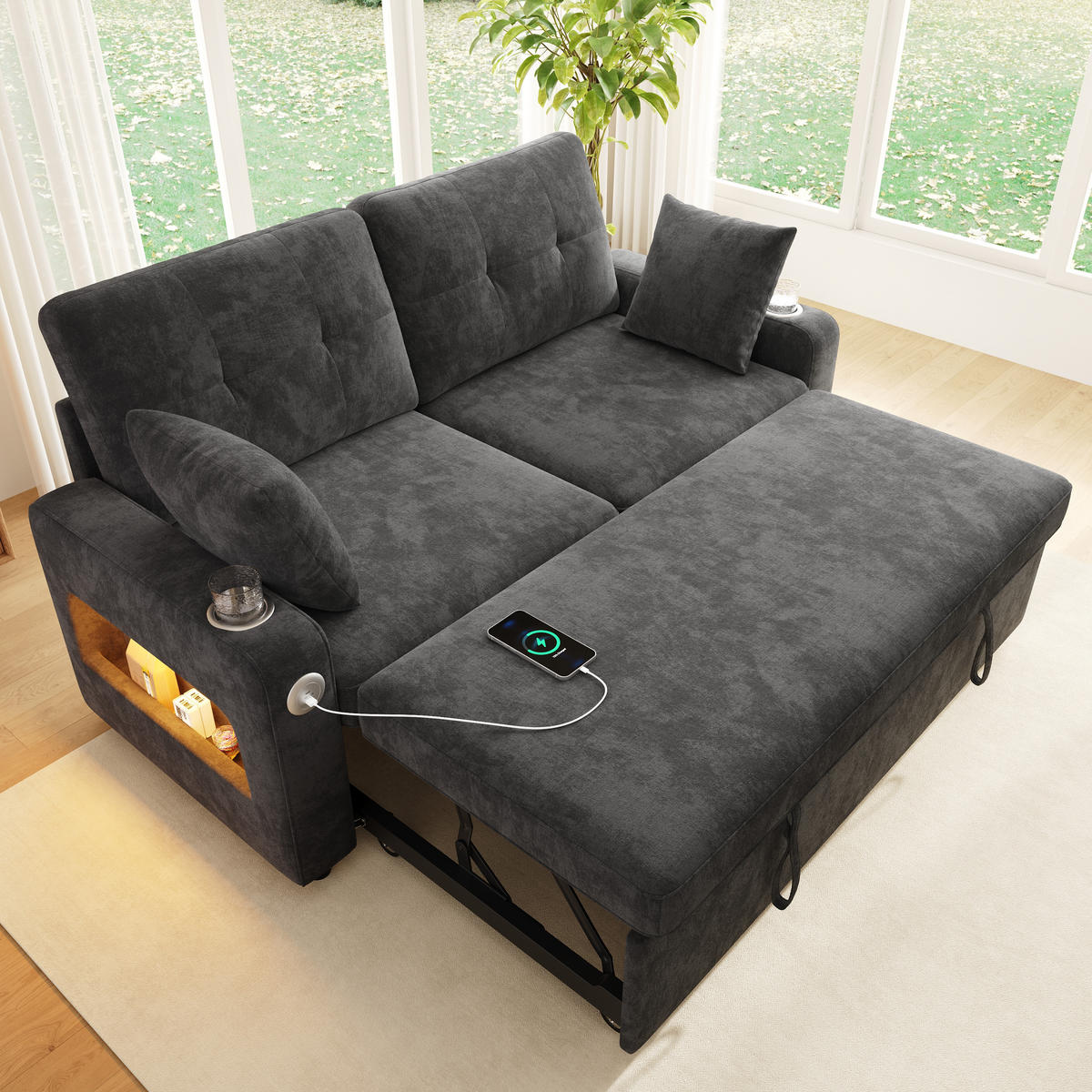 SCHLAFSOFA 2-Sitzer, Grau, LED, USB/Type-C, Getränkehalter, Armlehnen-Stauraum, 2 Kissen - Grau, Textil (131/83.5/141.5cm)