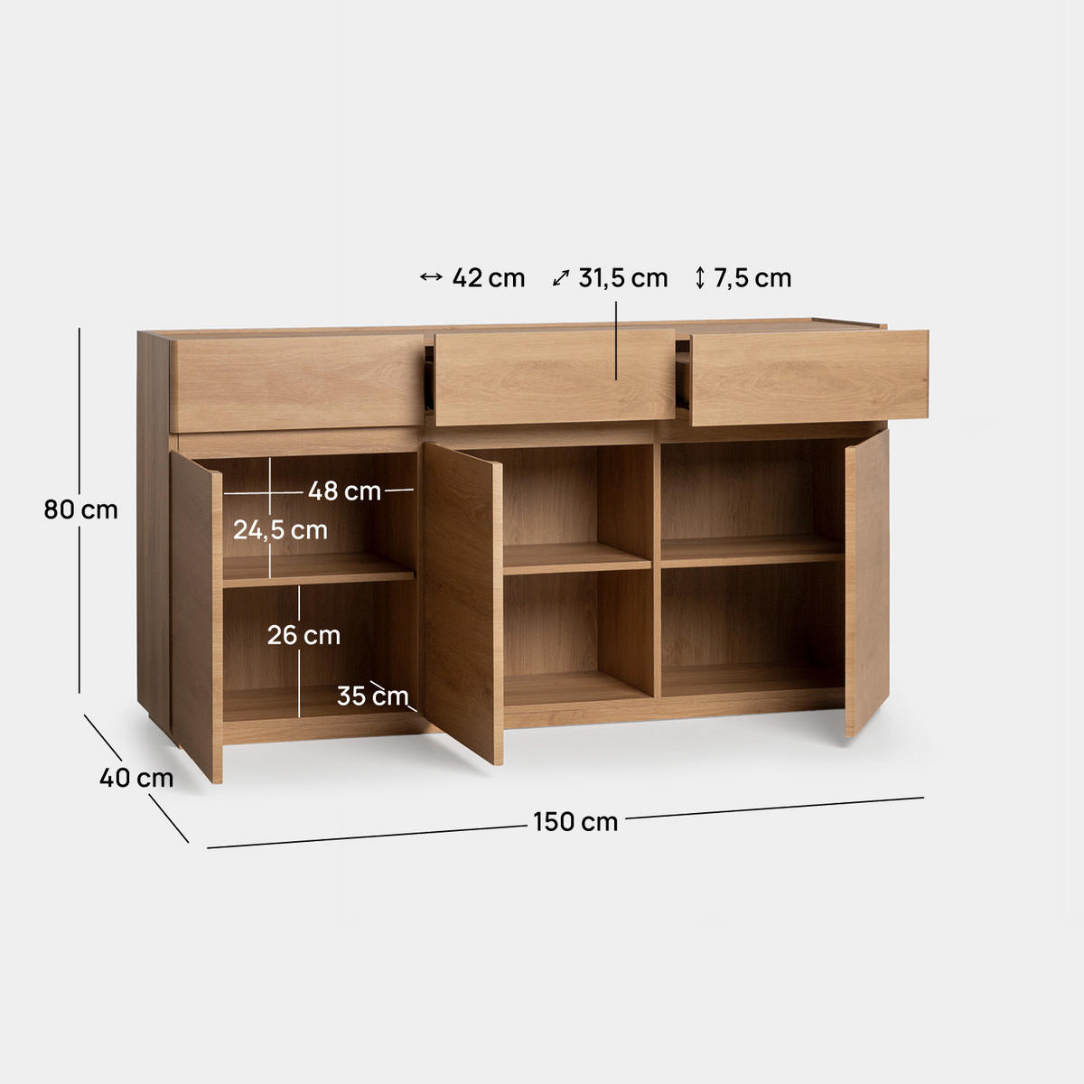 ANRICHTE NIEDRIGE Einar Natürlich 150 cm x 80 cm - Naturfarben, Holzwerkstoff (150/80/40cm) - Klast Home