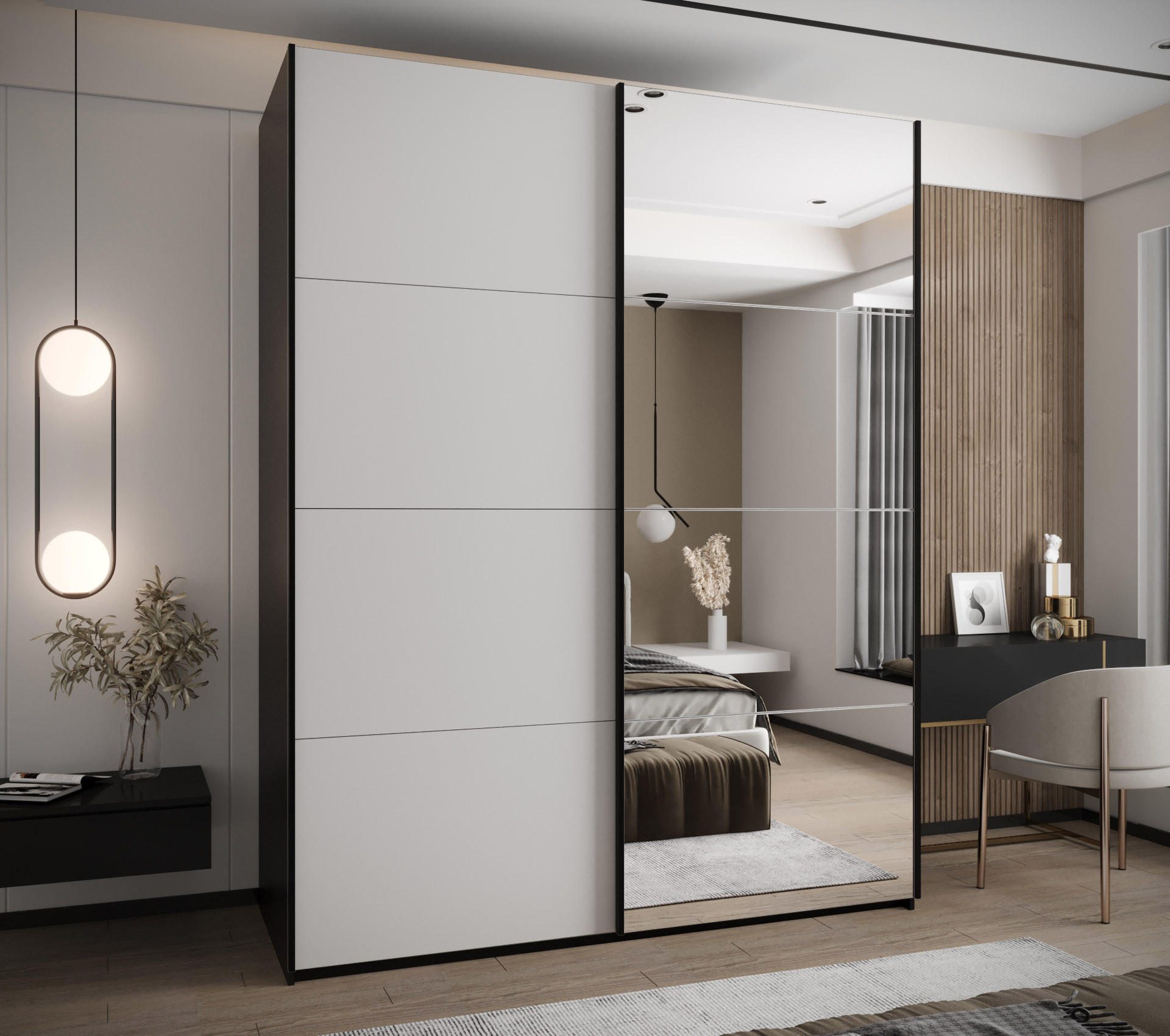 SCHWEBETÜRENSCHRANK 245,5/200/64 2-türig - Schwarz/Weiß, Holz/Metall (200/245/64cm) - Abiks Möbel