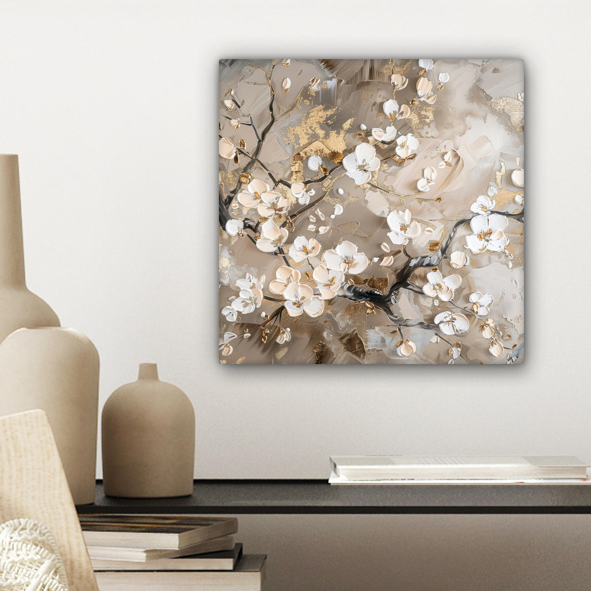 LEINWANDBILD - Blumen - Weiß - Gold - Beige - Luxus - 20x20 - Wandbilder - Greige, Textil (20/20cm) - MuchoWow