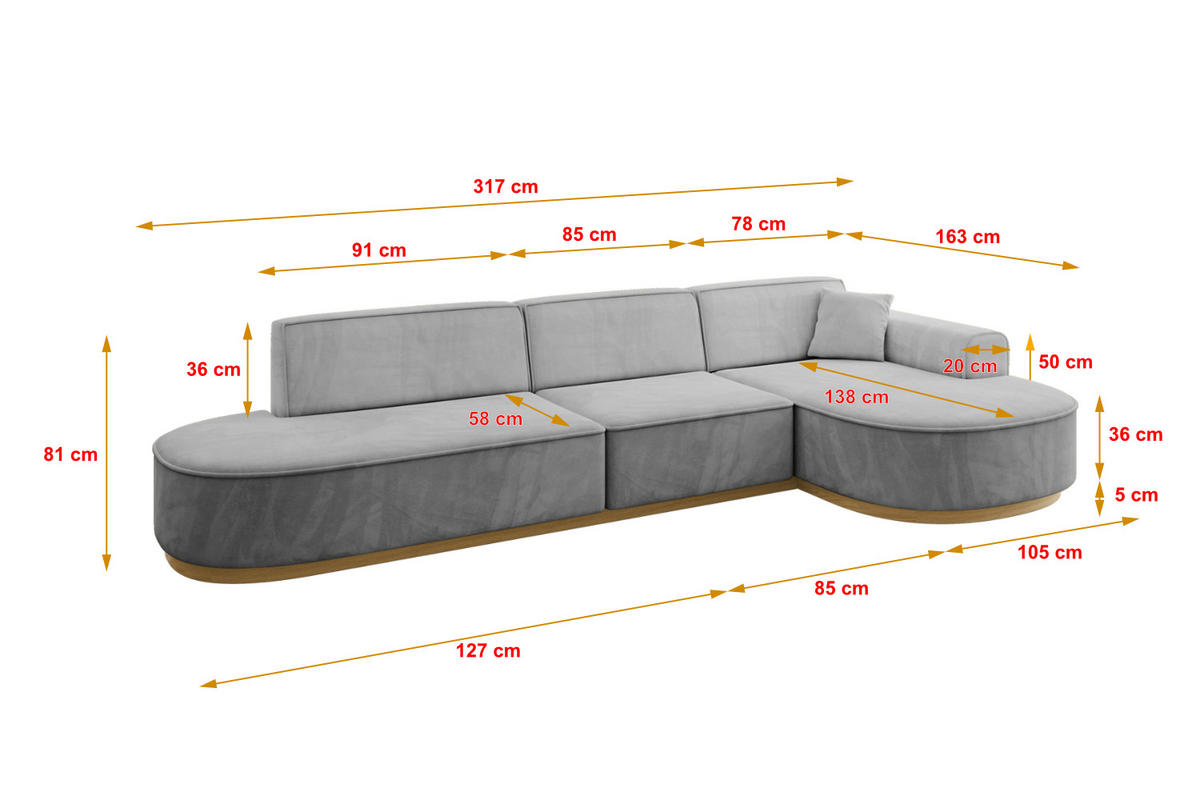 ECKSOFA Ottomane Rechts MARI-L2-v2 - 328x171x83 cm Grau Velours - Grau, Holzwerkstoff/Textil (171/328cm) - ALTDECOR