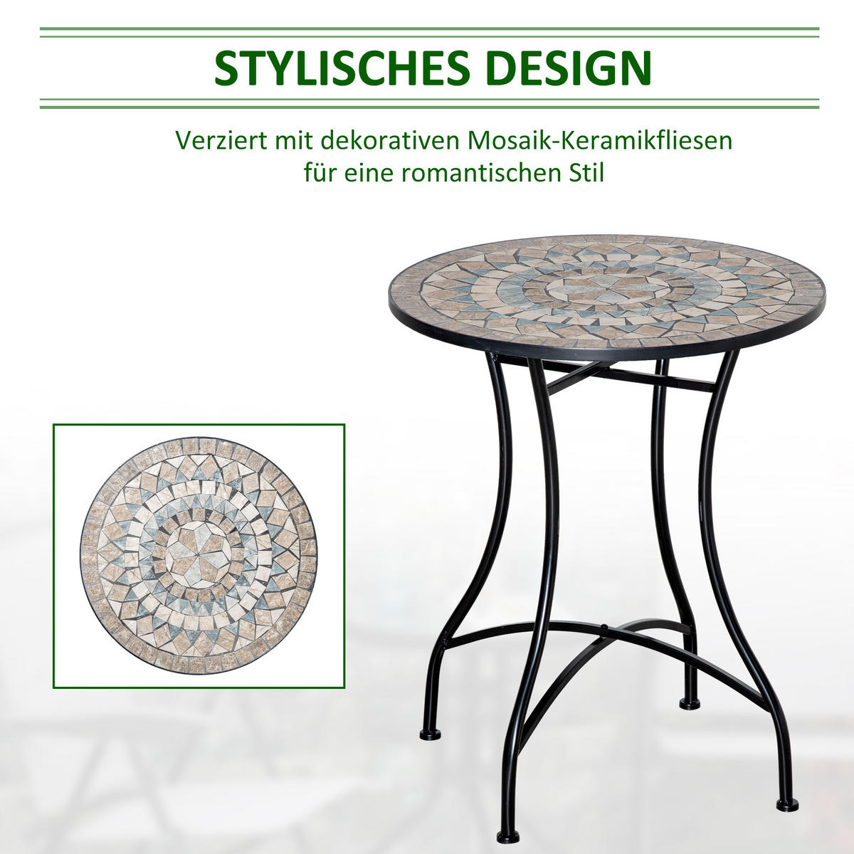 GARTENTISCH 60/60/71 cm beige-schwarz aus Keramik mit Mosaikplatte - Naturfarben, Keramik (60/60/71cm) - OKWISH
