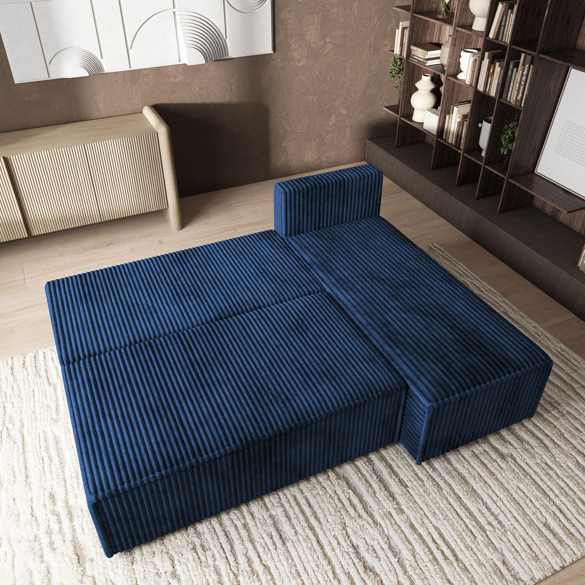 ROHOVÁ SEDAČKA BRISO modrá - šedá/modrá, dřevo/textil (200/140cm) - MASSENO