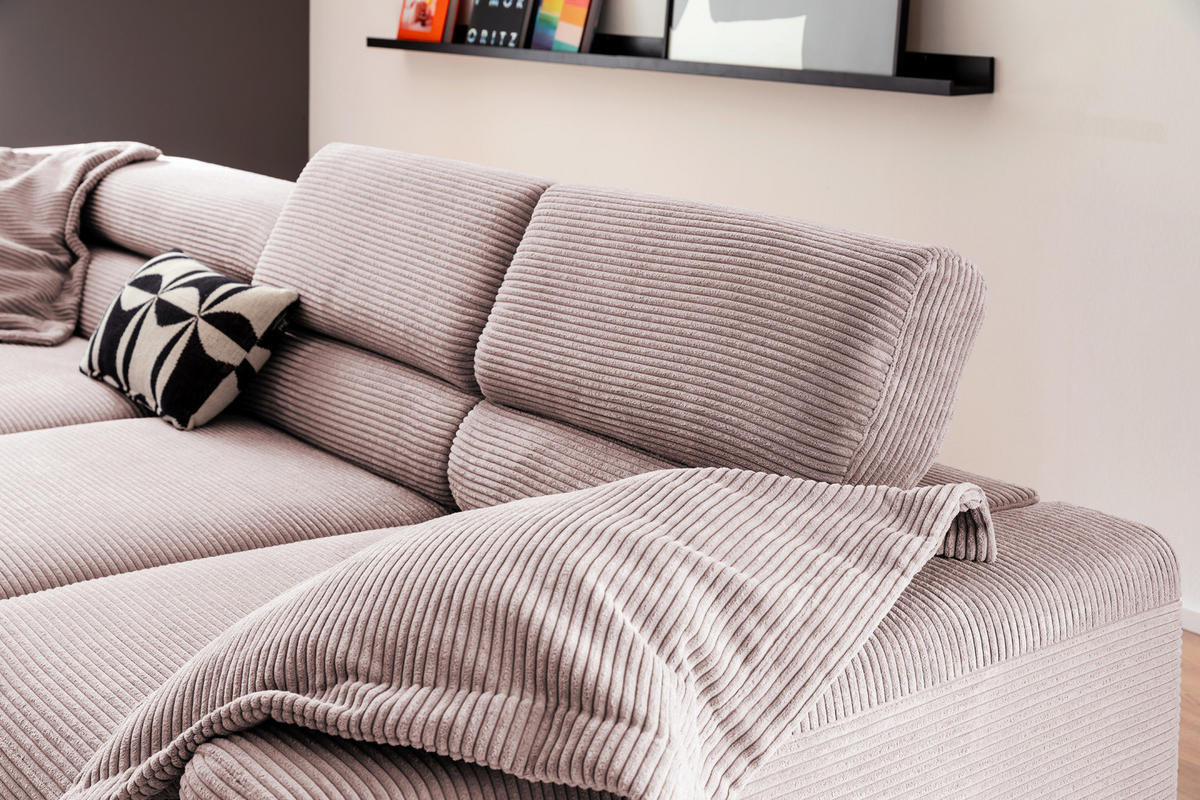 ECKSOFA DELIA Pink Cord - Pink/Schwarz, Textil/Metall (312/219cm) - KAWOLA