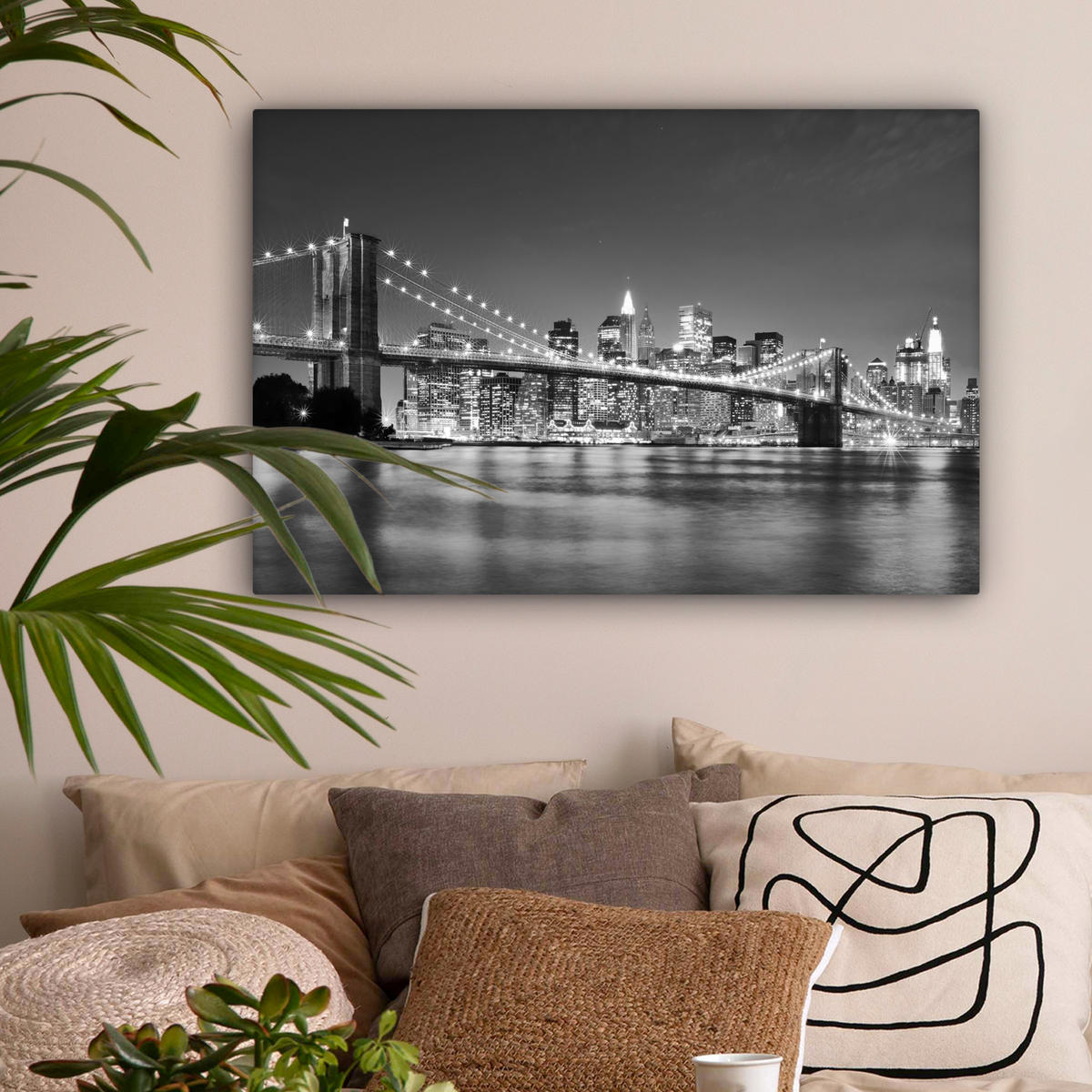 LEINWANDBILD - New York - Brücke - Brooklyn - Schwarz und weiß - Architektur - 90x60 - Deko Wohnzimmer - Schwarz, Textil (90/60cm) - MuchoWow