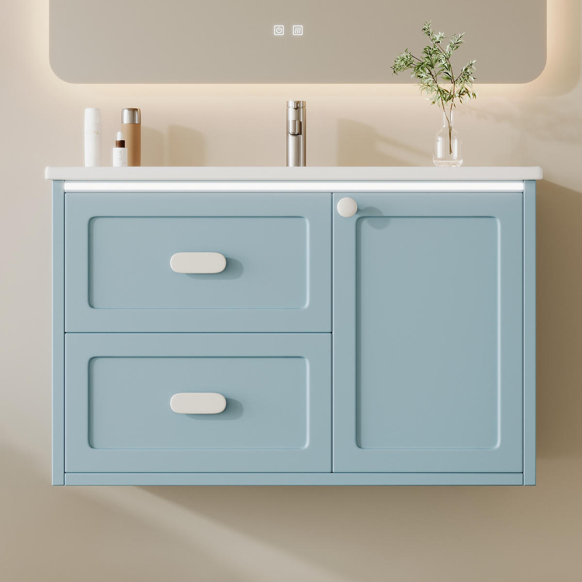 BADEZIMMER-HÄNGESCHRANK 76x46x51 cm Blau aus Keramik & Spanplatte mit Radar-Sensor-LED & 2 Schubladen - Blau, Holzwerkstoff (76/51/46cm) - Modfu