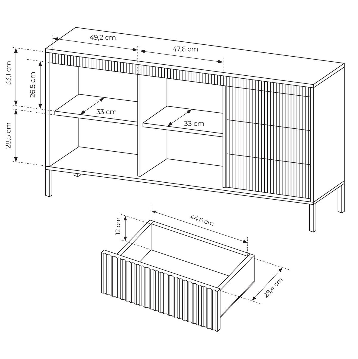 SIDEBOARD Trentinis 2T 3S Beige 153,5/81,4/39,5 cm – Geriffelten Fronten - Beige, Holzwerkstoff/Metall (153.5/81.4/39.5cm) - AX Living