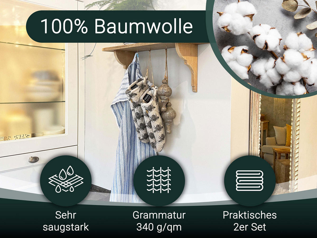 GESCHIRRTÜCHER, 2er-Set, 48x90 cm, 100% Baumwolle, Blau - Blau, Textil (48/90cm) - Zollner