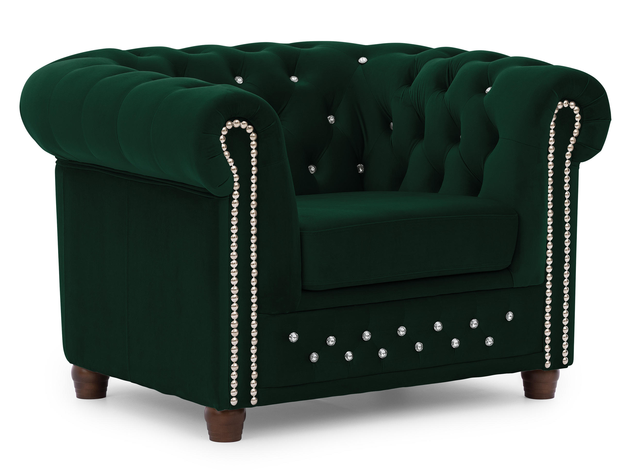 CHESTERFIELD-SESSEL Cleo Blink Flasche Grün Samt mit Kristallsteppung und braunen Massivholzfüßen - Beige/Braun, Holz/Textil (104/72/86cm) - S-Style Möbel