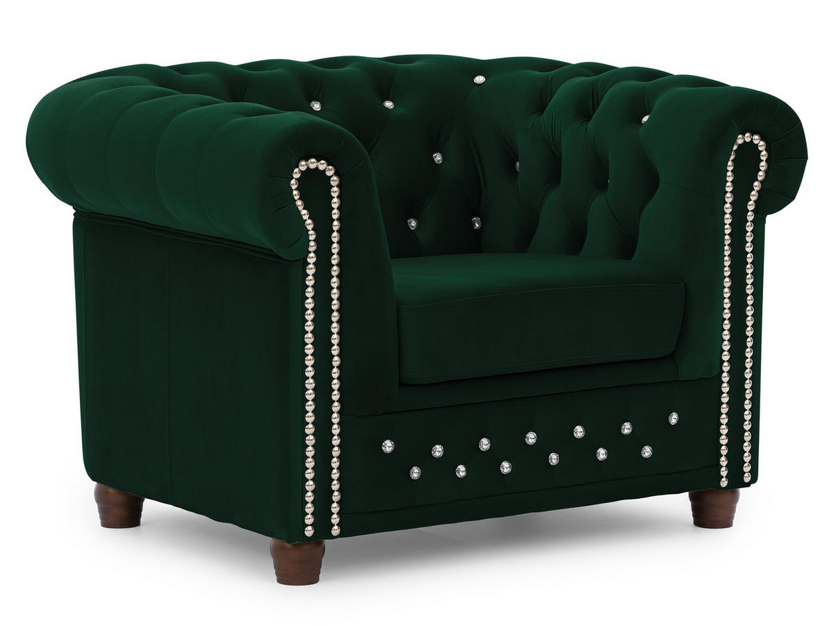 CHESTERFIELD-SESSEL Cleo Blink Flasche Grün Samt mit Kristallsteppung und braunen Massivholzfüßen - Beige/Braun, Holz/Textil (104/72/86cm) - S-Style Möbel