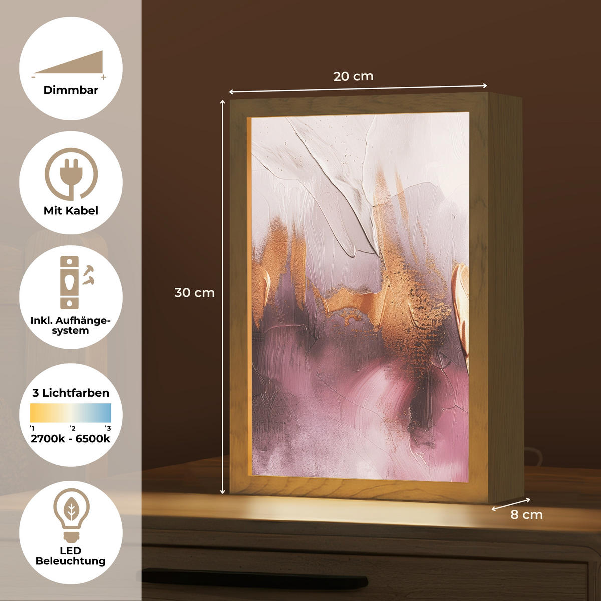 NÁSTĚNNÁ LAMPA Fialová - abstraktní - barva - zlatá 20x30 cm - světle fialová, kompozitní dřevo (20/30/8cm) - OnlyWow