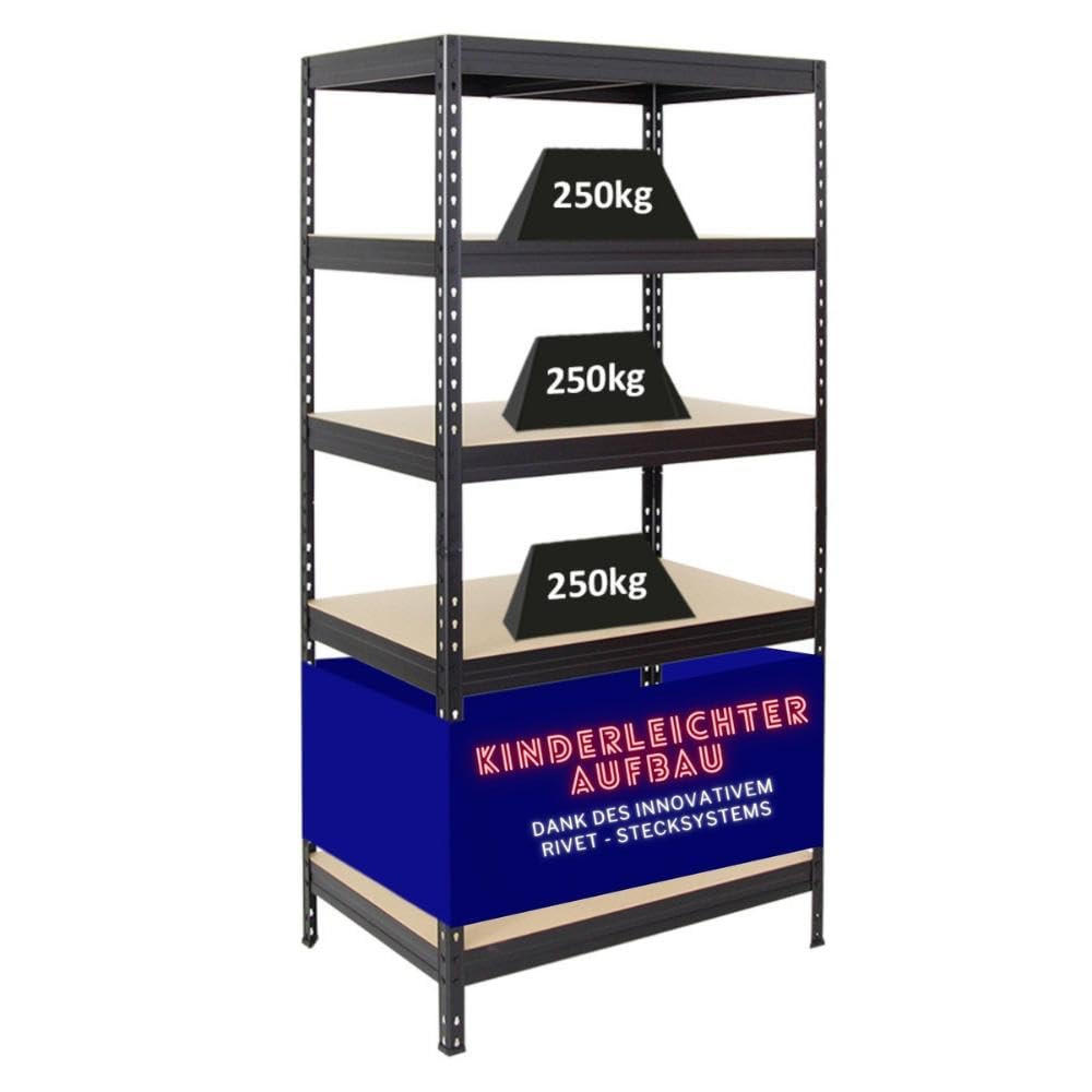 SCHWERLASTREGAL Rivet 180x90x60 cm Fachlast 250 kg Innovatives Stecksystem Schwarz - Schwarz, Metall (90/180/60cm) - PROREGAL