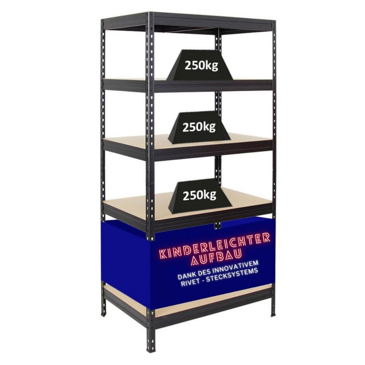 SCHWERLASTREGAL Rivet 180x90x60 cm Fachlast 250 kg Innovatives Stecksystem Schwarz - Schwarz, Metall (90/180/60cm) - PROREGAL