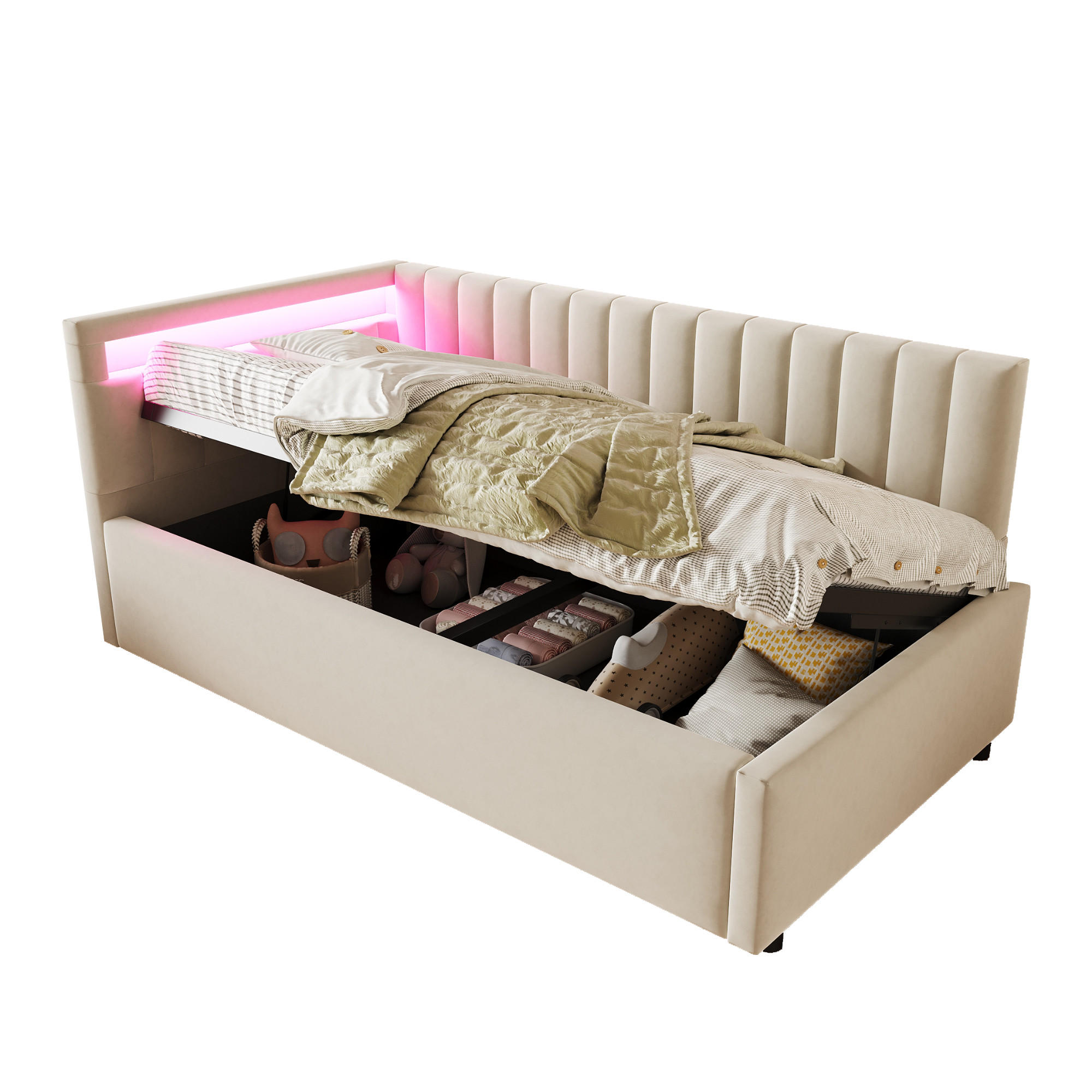 POLSTERBETT 90/200 cm beige aus Samt mit LED und hydraulischem Stauraum - Beige, Textil (90/200cm) - OKWISH