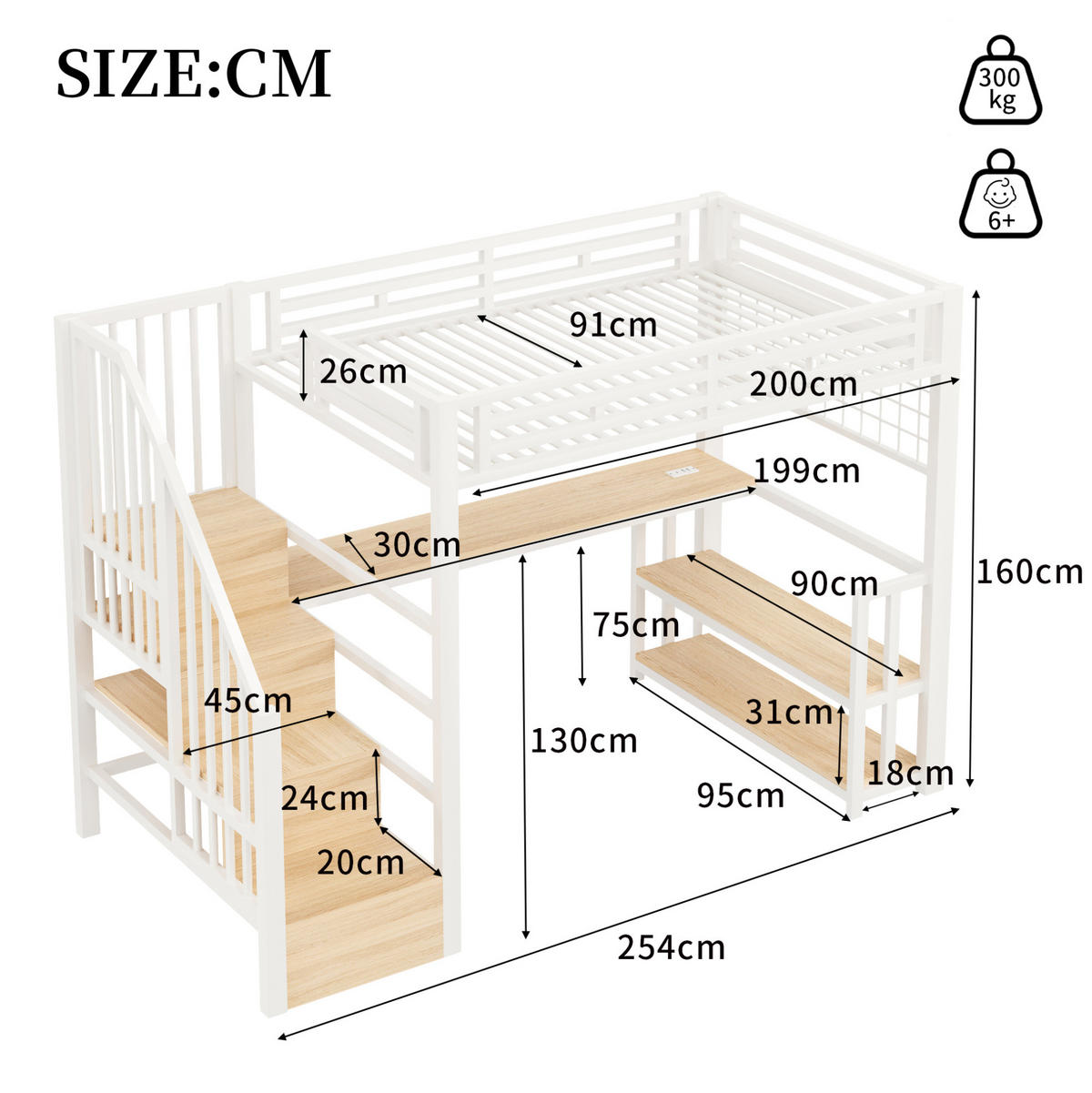 HOCHBETT 90/200 cm aus Metall/MDF mit Schreibtisch, Stauraumtreppe und LED Weiß - Weiß, Metall (90/200cm) - Modenvie
