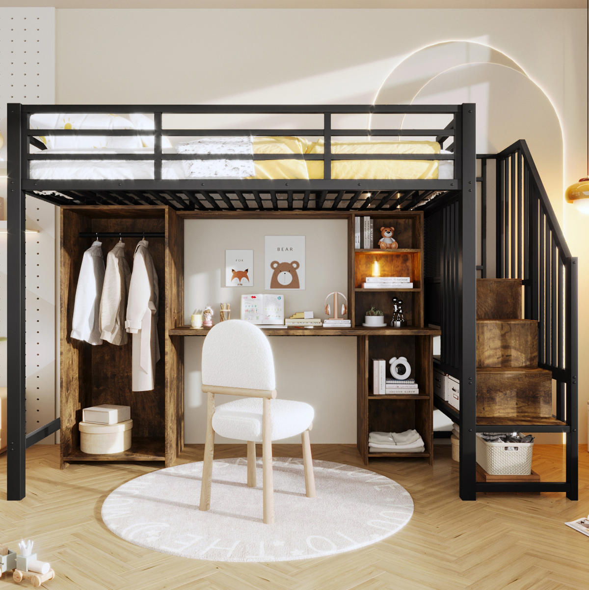 HOCHBETT 90/200 cm, Schwarz mit Kleiderschrank, Schreibtisch und Stauraum - Schwarz, Metall (90/200cm) - MIVRAY
