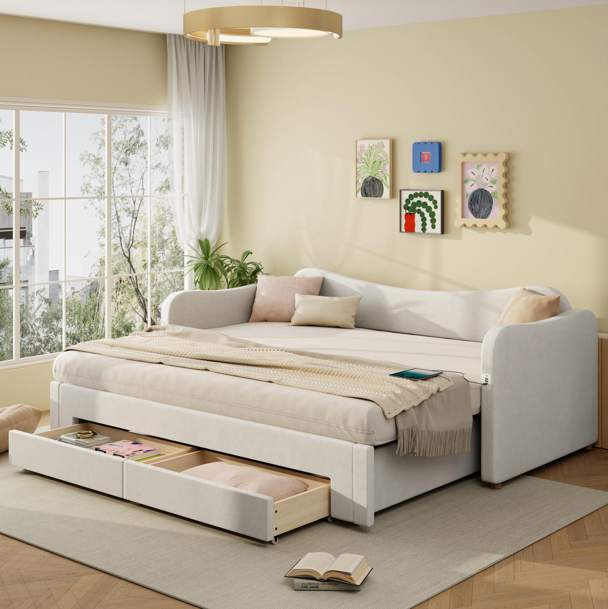 ČALÚNENÁ posteľ z zamatu 90x200 cm béžová s výsuvom na 180 cm, USB a úložnými zásuvkami - béžová, textil (90/200cm) - Modfu