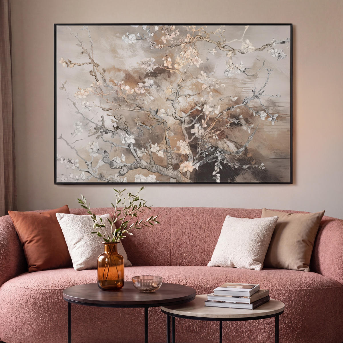 LEINWAND Bilder mit Rahmen - Mandelblüte - Kunst - Van Gogh - Beige - Abstrakt - 150x100 - Braun, Textil (150/100cm) - MuchoWow