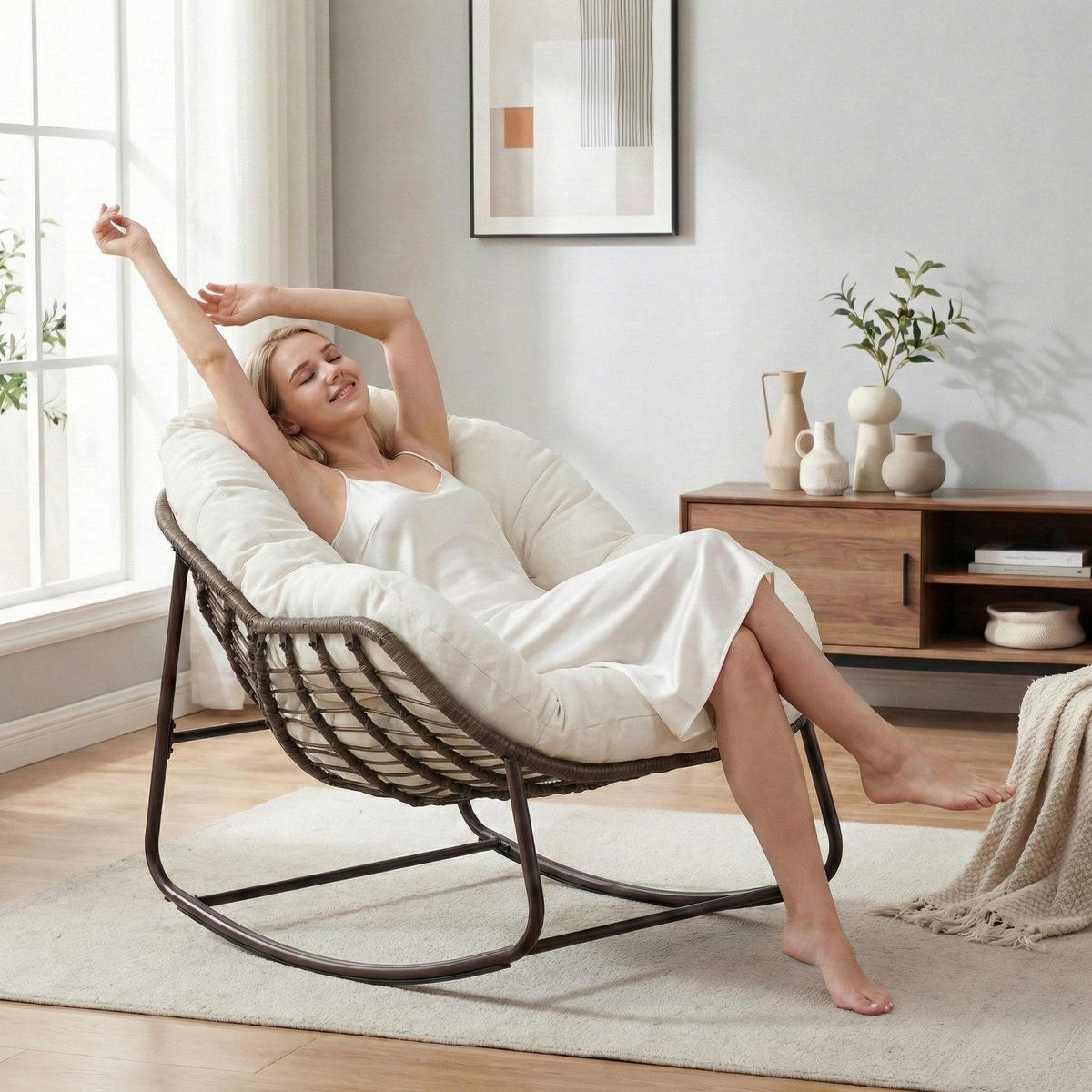 SCHAUKELSTUHL Schaukelsessel,Rattanstuhl mit Stahlrahmen,Weiß-Polyester - Beige, Metall (94.5/80/111cm) - LVHOM
