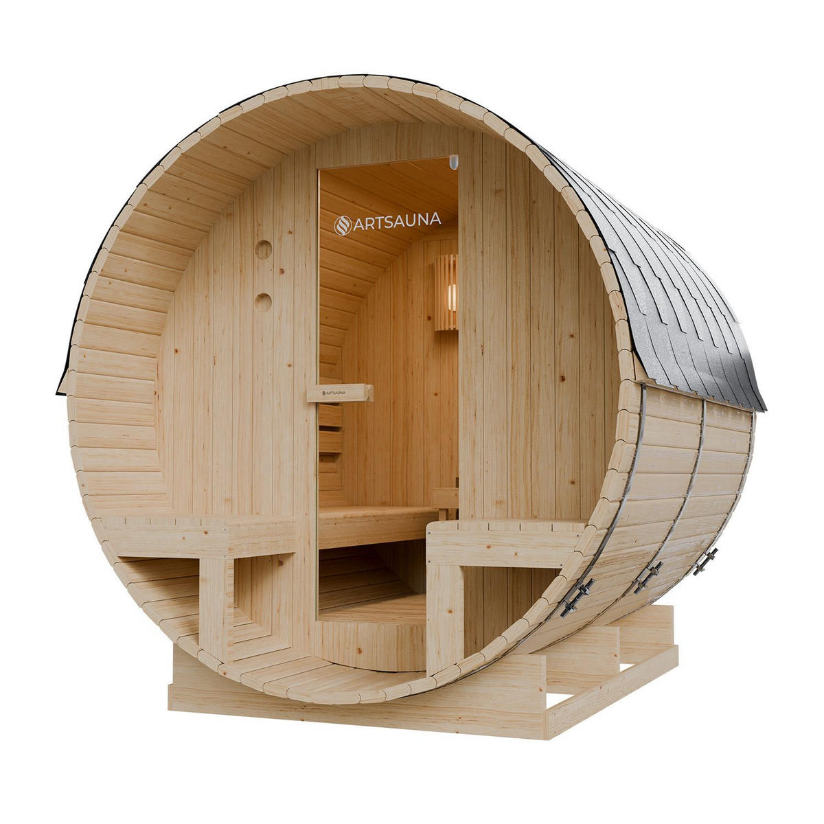 FASSSAUNA Spitzbergen 220 cm mit zwei Bänken (6 Personen) - Naturfarben, Holz (185/190/220cm) - Artsauna
