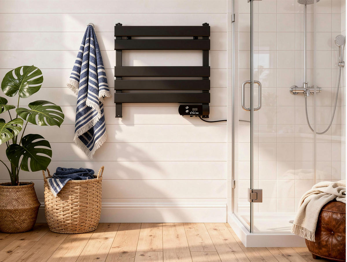 HANDTUCHTROCKNER Schwarz mit Elektrosystem und Wandhalterung 100 W - Schwarz, Metall (56/52/5cm) - Purline