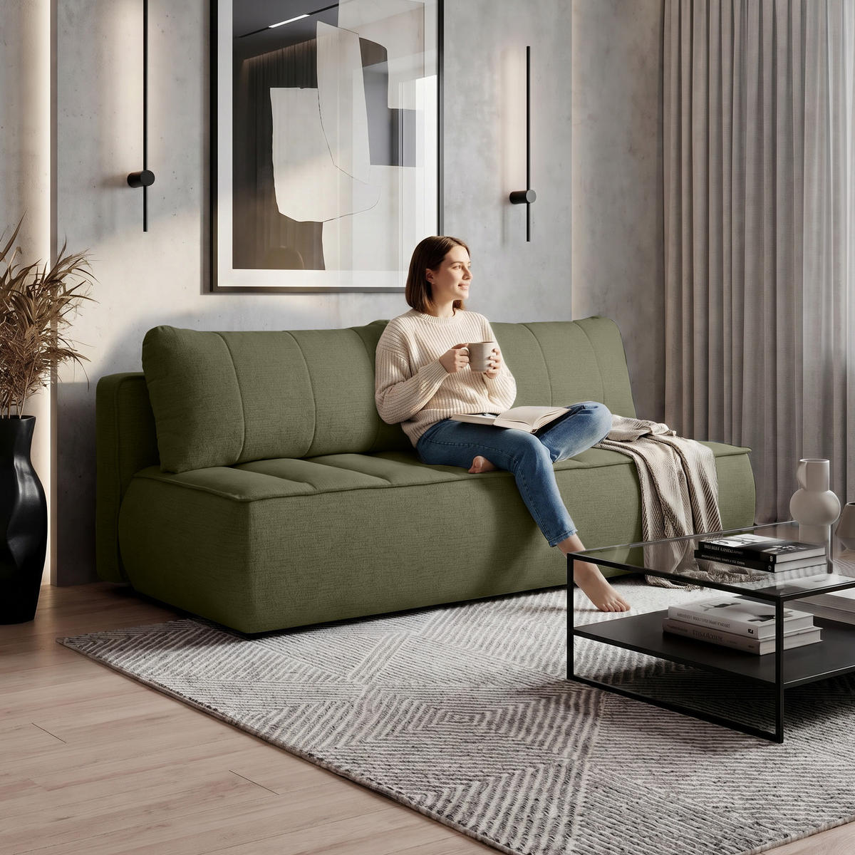 SCHLAFOSOFA Doris mit Schlaffunktion und Bettkasten, DL-System, Grün - Grün, Textil (210/88/100cm) - Beautysofa