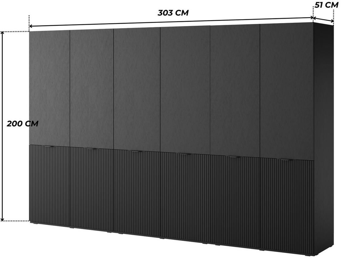 KLEIDERSCHRANK ZEN (Modular, Schwarz Matt, Rillenfront, 6-türig) - Schwarz, Holz/Holzwerkstoff (303/200/51cm) - Ravio