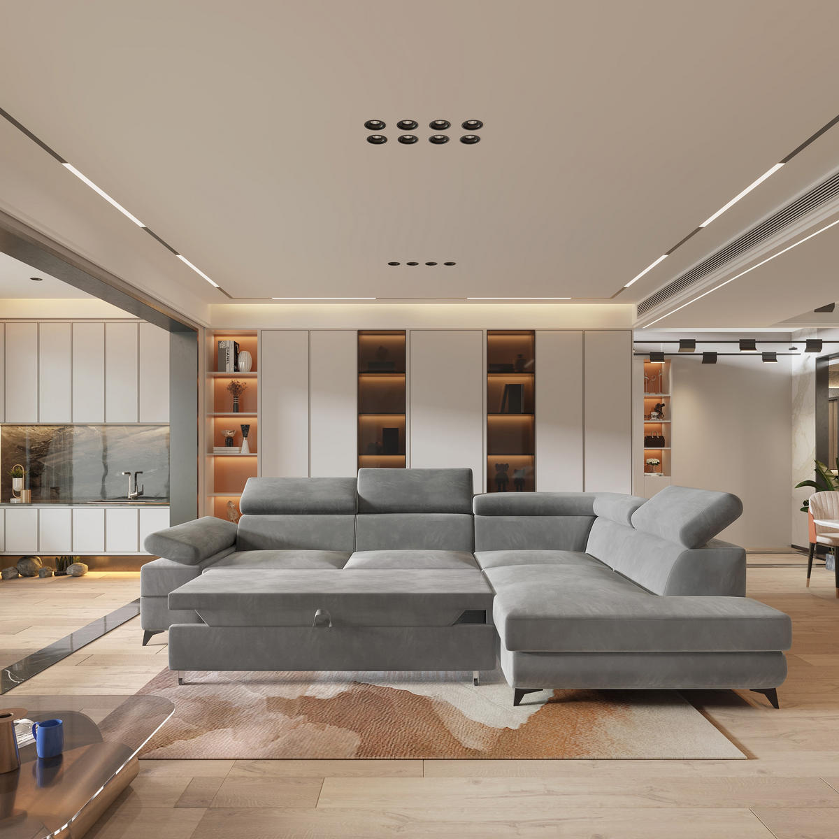 ECKSOFA FAVIEN R-S Hellgrau Velours-Stoff mit Schlaffunktion - Hellgrau, Holz (257/190cm) - MASSENO