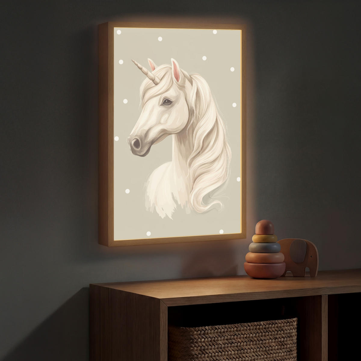 NÁSTĚNNÁ LAMPA S AKUMULÁTOREM Jednorožec - bílý - tečky 40x60 cm - šedohnědá, kompozitní dřevo (40/60/8cm) - OnlyWow