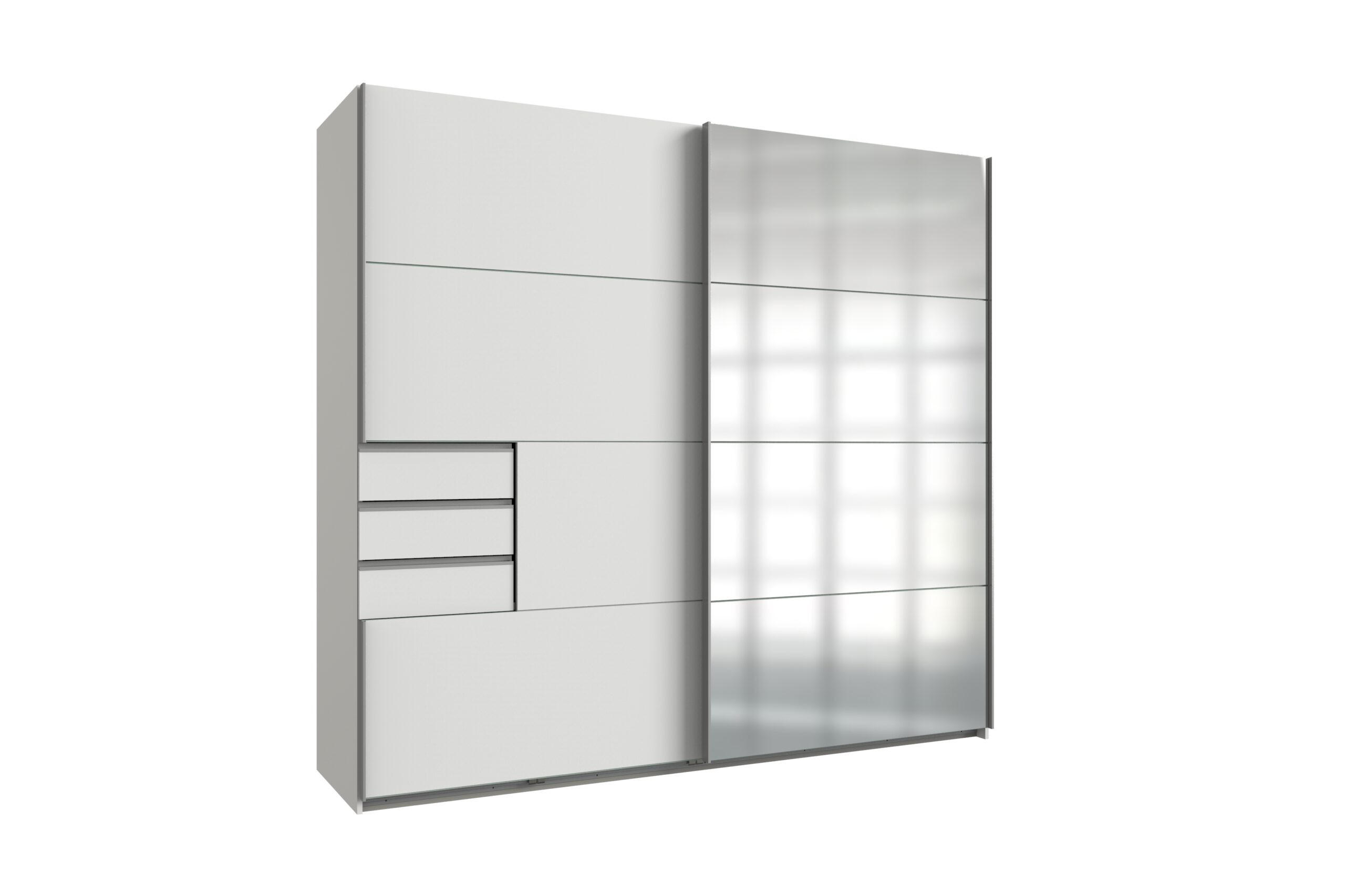 KLEIDERSCHRANK Saigon in Weiß und Alu-Griffen mit einer Spiegel Türfront – Schwebetürenschrank 2 türig - 225 cm Breite - Weiß, Holzwerkstoff (80/200/120cm)