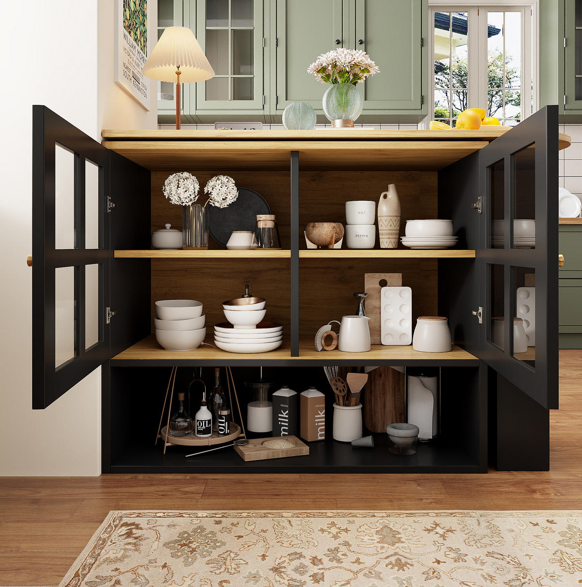 SIDEBOARD 138-204/39/102,5 cm Schwarz aus MDF mit Glas - Schwarz, Holzwerkstoff (39/102.5/138cm) - OKWISH