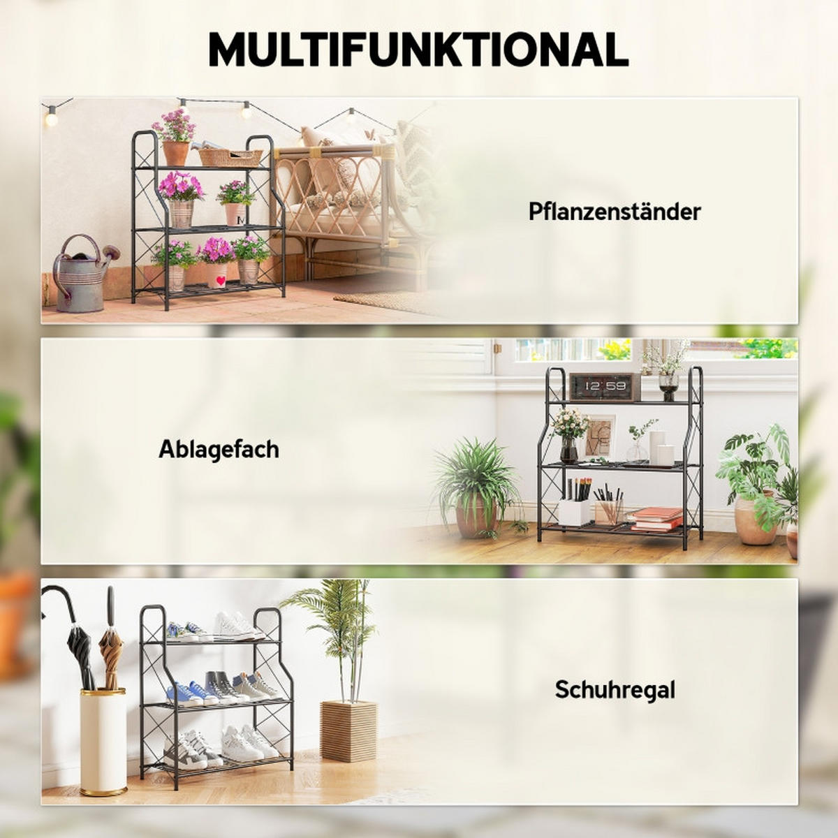 GARTENREGAL aus Metall 69x28,5x78 cm in Schwarz mit Griffen - Schwarz, Metall (28.5/78/69cm) - Modfu